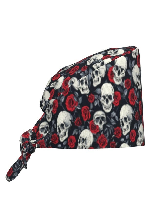 KKRMTUG Halloween Scrub Caps for Women Men, Skulls and Roses Working Cap with Sweatband Adjustable Scrub Hats, Fashion Breathable Nurse Surgical Cap - Image 1